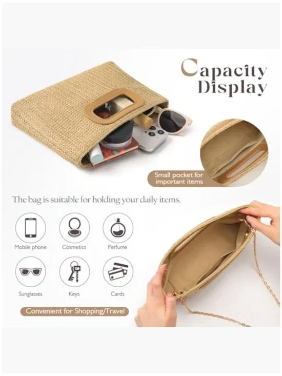 Woven Straw Clutch Purse with Detachable Chain Strap, Polyester and PU Leather - Picture 6 of 7